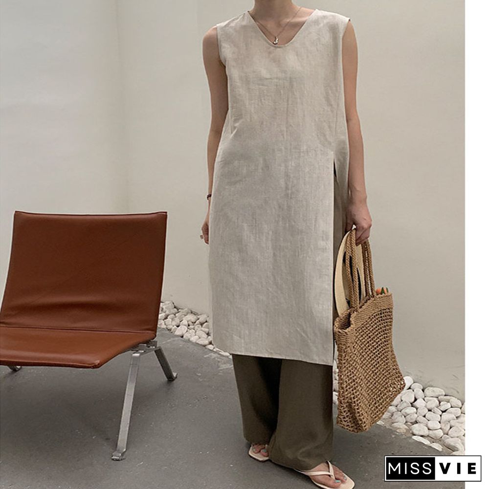 Simple Sleeveless Linen Long Shirt