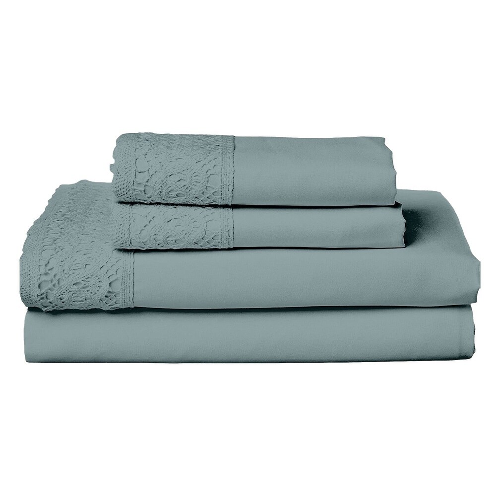 Edra 4 Piece Microfiber Queen Size Sheet Set with Crochet Lace  Teal Gray