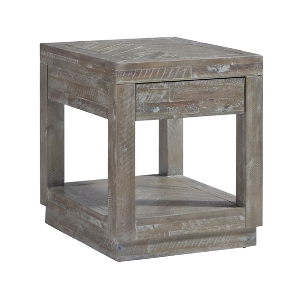 Acacia Wood End Table with One Drawer and One Shelf， Gray