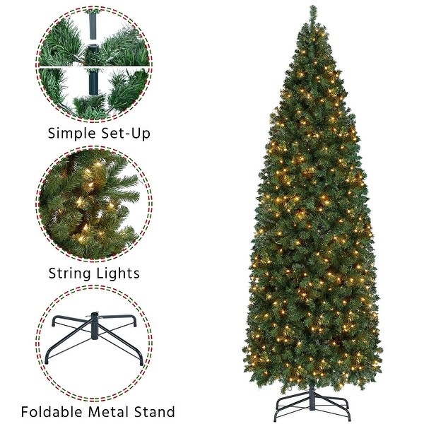 9ft Prelit Artificial Christmas Tree with 500 Warm Lights Hinged Spruce Pencil with Foldable Stand Holiday Decoration Slim Tree