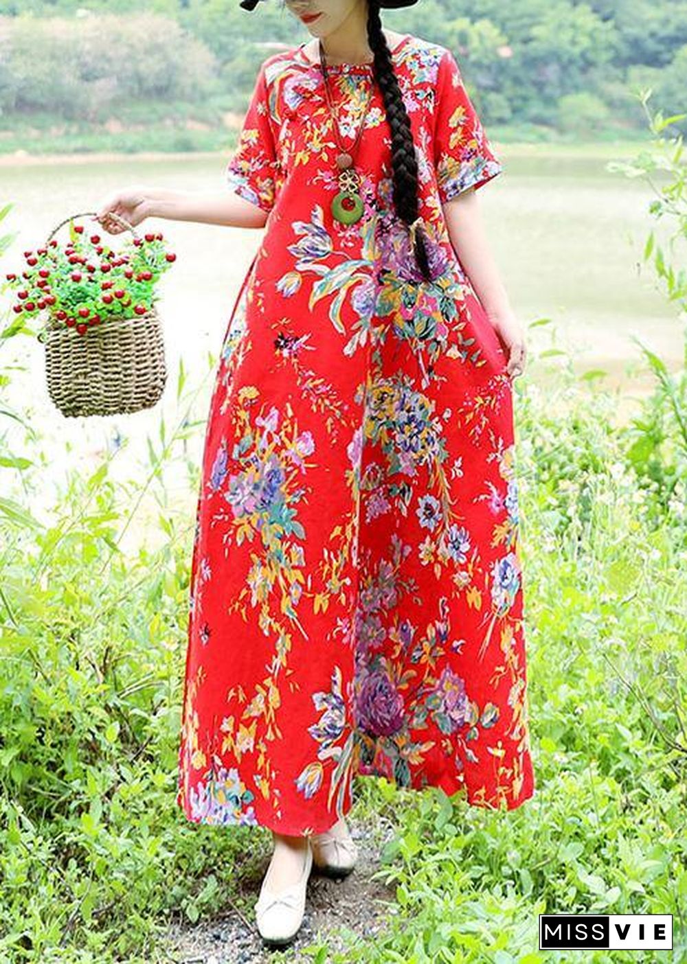 Simple o neck cotton Wardrobes Sewing red prints Traveling Dresses summer