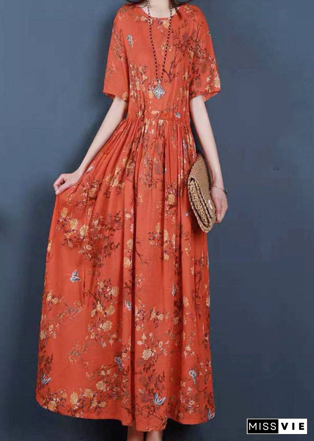 Women Orange Cinched Print Cotton Long Dress Short Sleeve