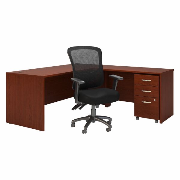 Bush Business Furniture Series C 72W L Shaped Desk with Mobile File Cabinet and High Back Multifunction Office Chair in Mahogany