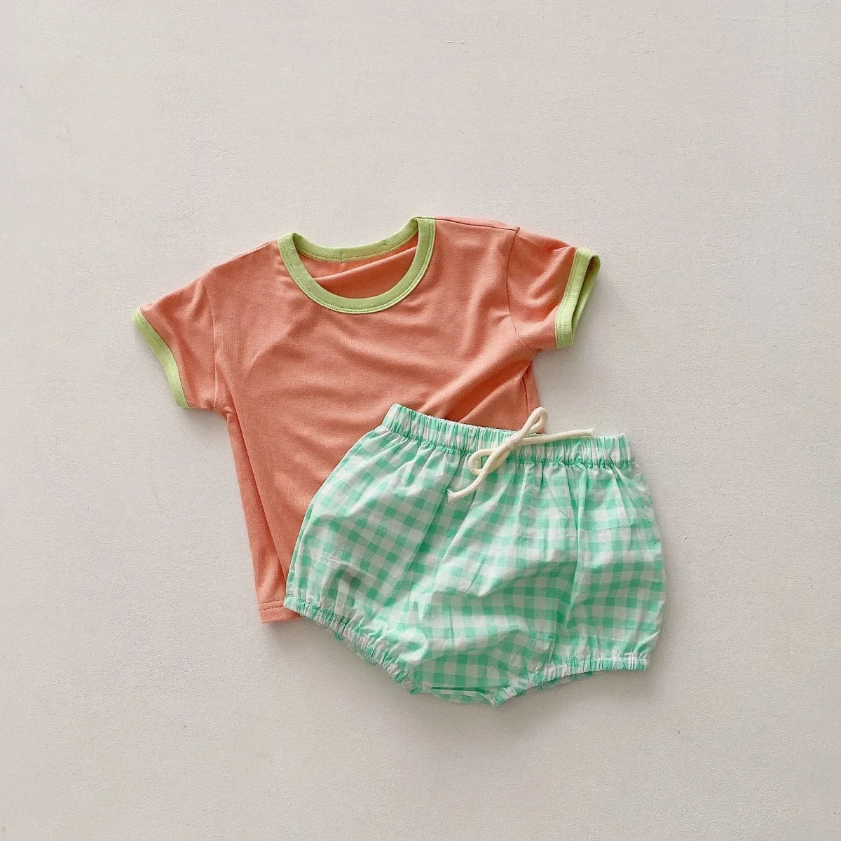 Infant Newborn Girls Boys Summer Short Sleeve Patch Top Tees Plaid Bottoms Kids Baby Clothing Cotton Sets 2pcs 0-24M