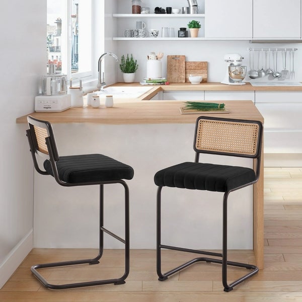 Modern Velvet Upholstered Bar/Counter Stools with Rattan Backrest