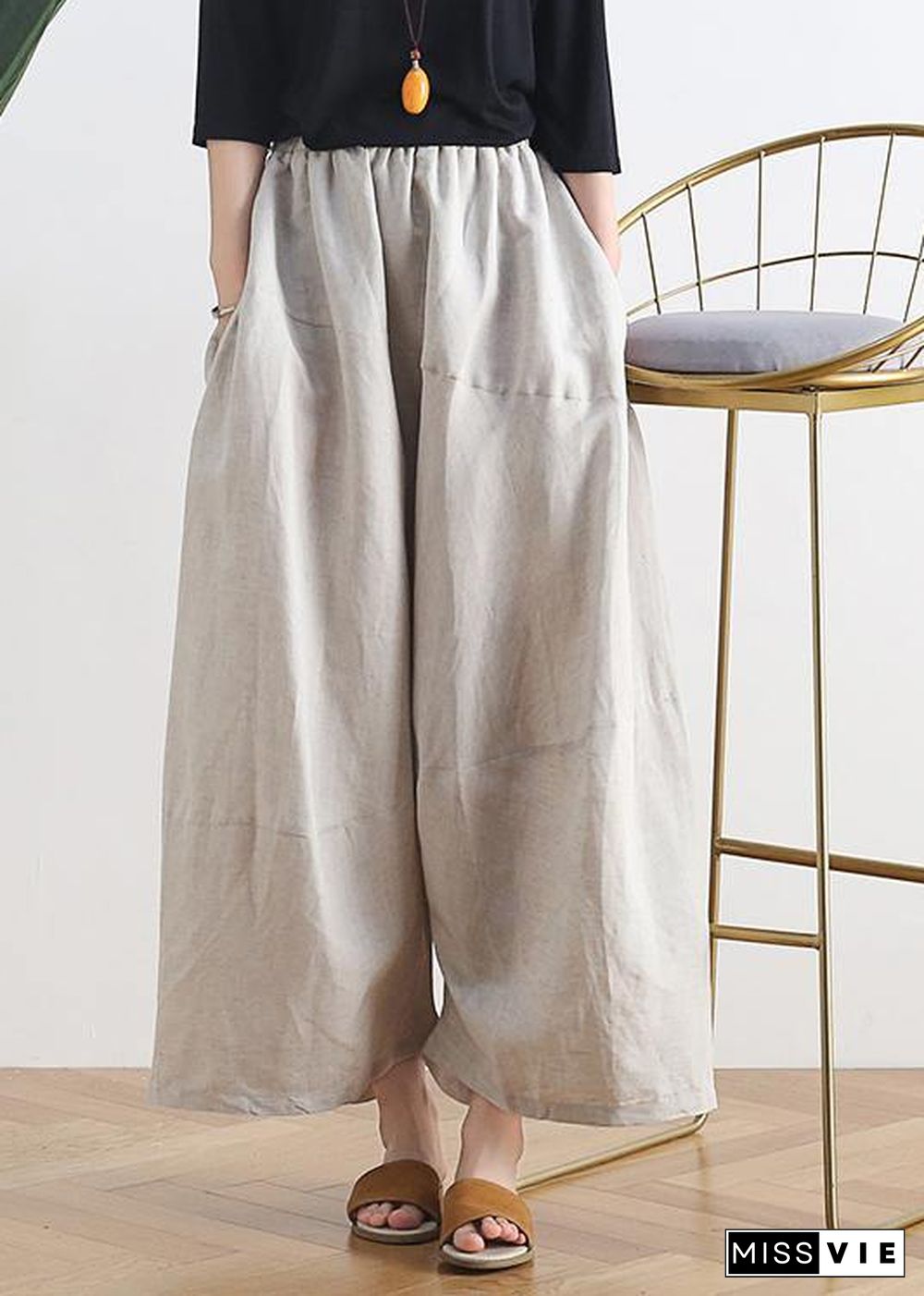 20 summer stitching thin women's new cotton and linen nude wide-leg pants