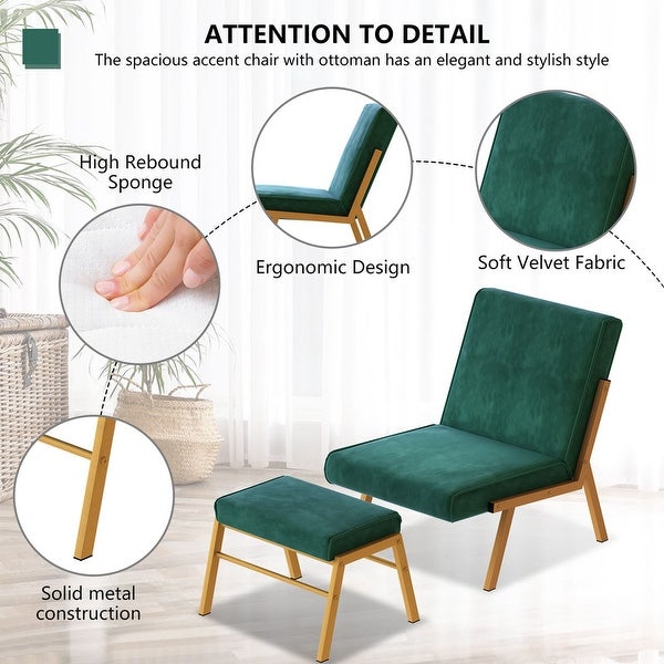 Modern Comfortable Velvet Chair and Footrest/Ottoman Set， Lounge Accent Chair with Footstool， Leisure Reading Play Game