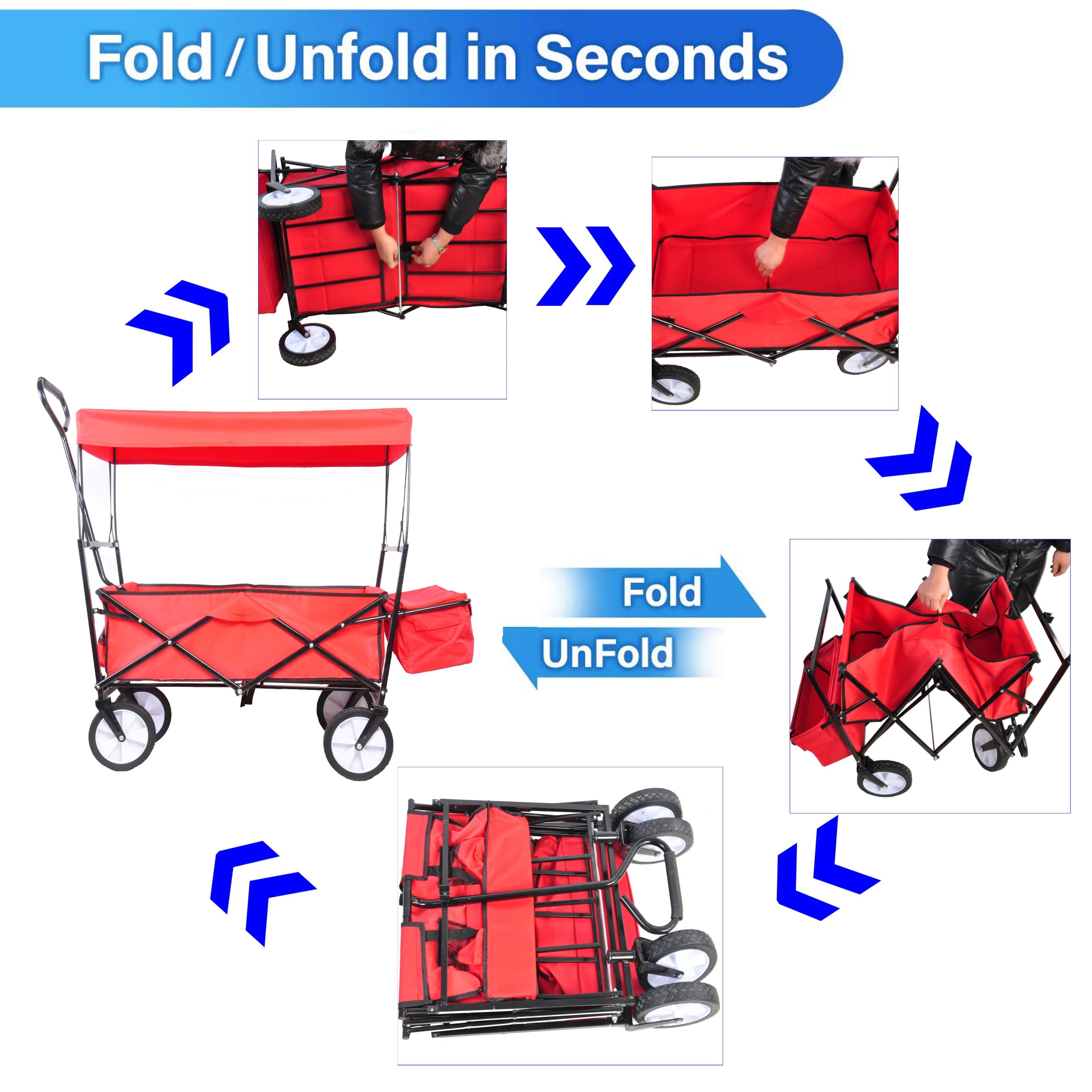 TOPCHANCES Collapsible Wagon Camping Garden Cart with Removable Canopy, Folding Wagon with Adjustable Push Handles for Shopping, Picnic, Beach, Camping, Sports (Red)