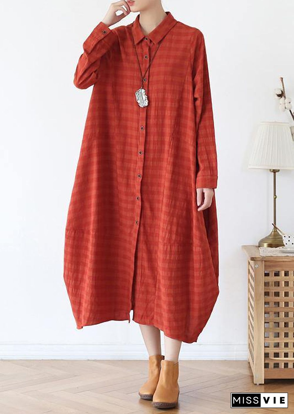 Women orange red dresses lapel Button Down Maxi fall Dress