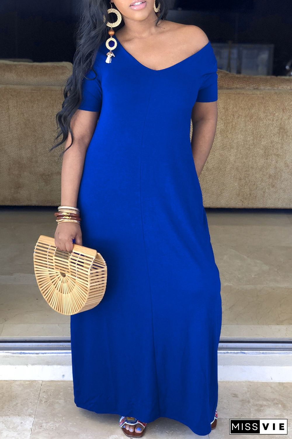 Blue Casual Pockets Design Blending Floor Length Dress