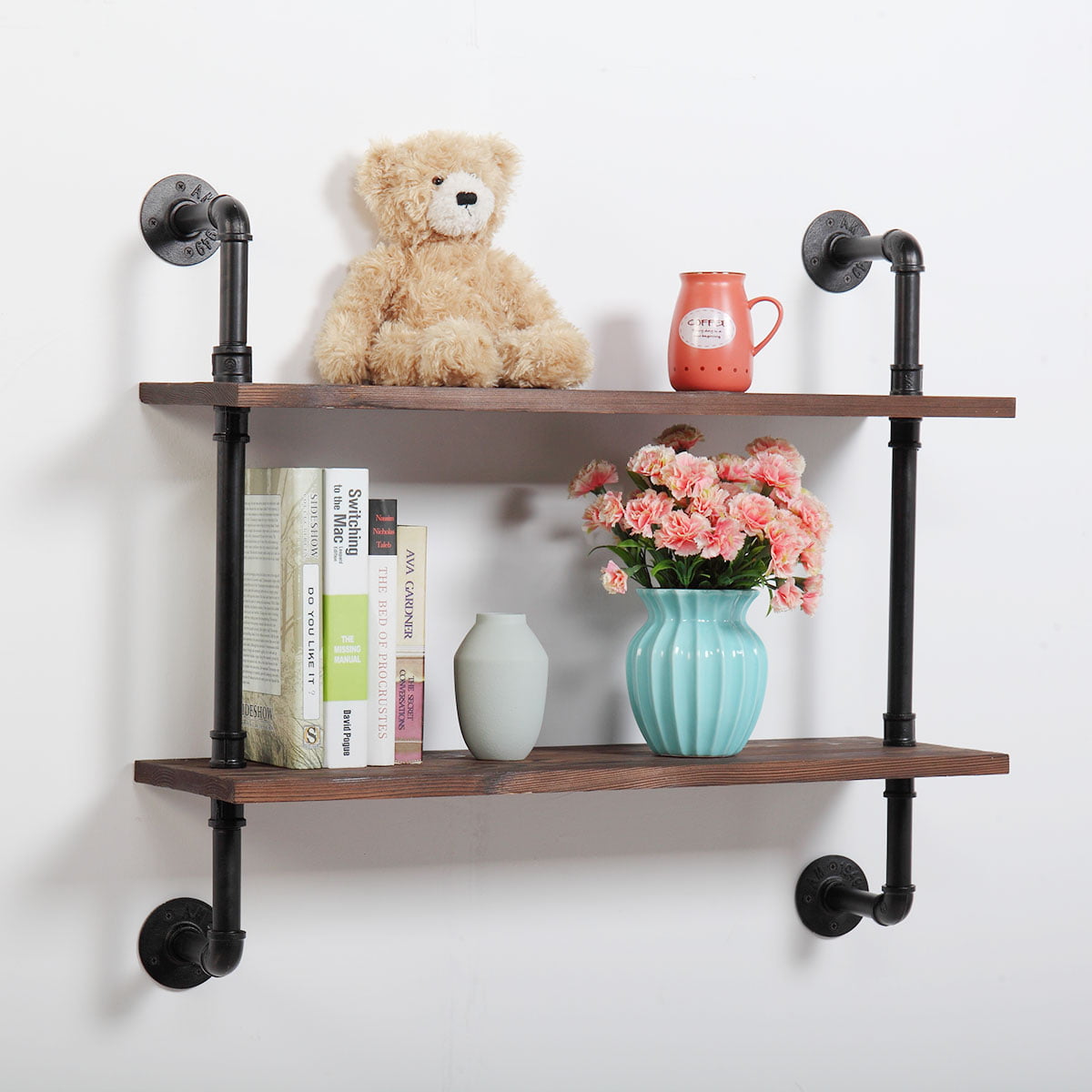 JAXPETY Industrial Floating Shelf 2-Tier Wall Mounted Pipe Shelves Rustic Wood Shelf Metal Bracket Storage Space Display Bookshelf for Bedroom, Living Room, Office