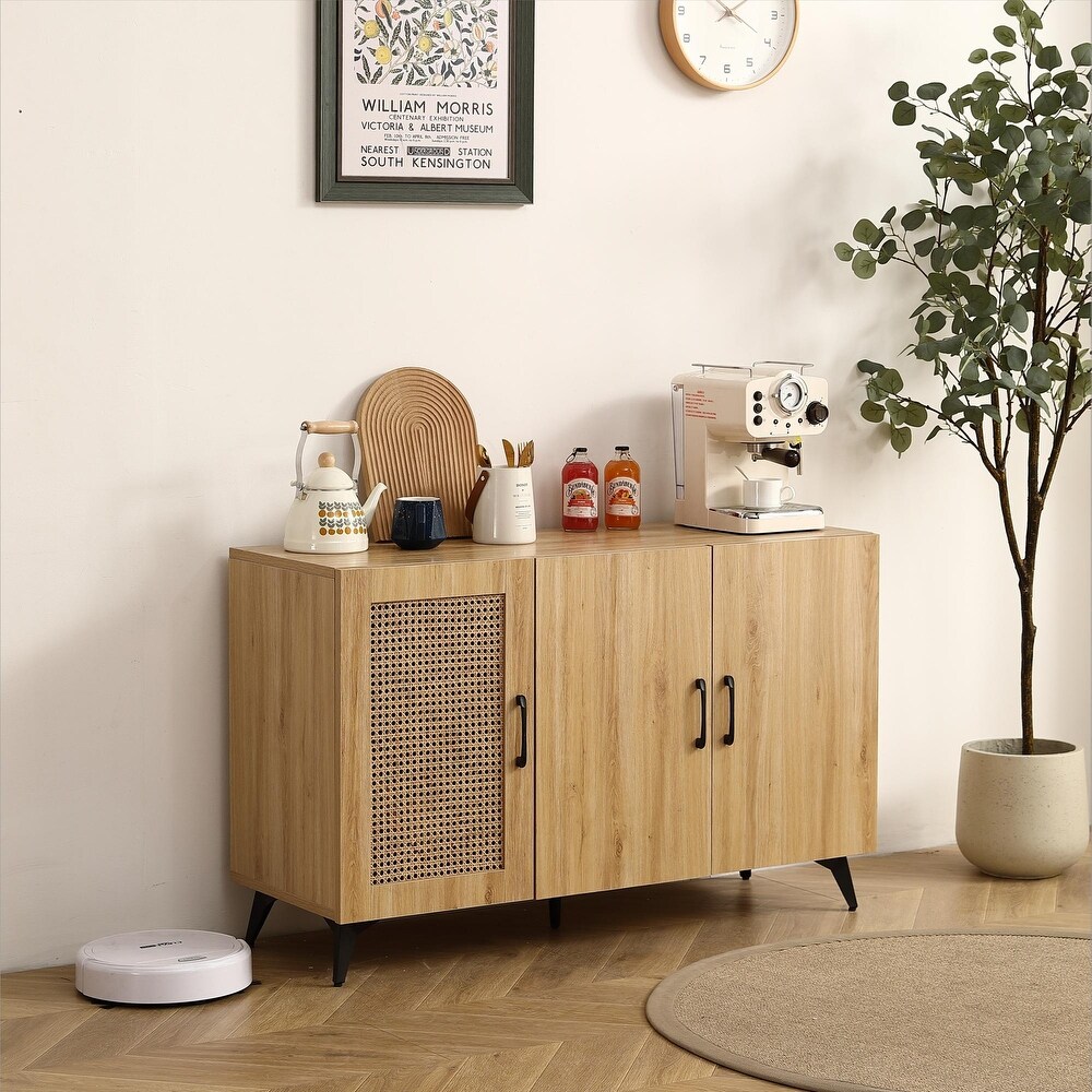 Storage Cabinet with Rattan Door  Accent Cabinet  Large Storage Space