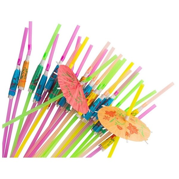 150x Disposable Tropical Hawaiian Luau Party Umbrella Cocktail Drink Straws