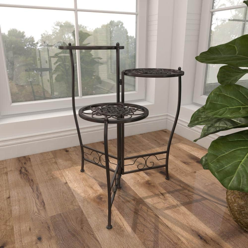 Litton Lane 18 in. Brown Metal Floral Indoor Outdoor 3 Tier Plantstand 41331