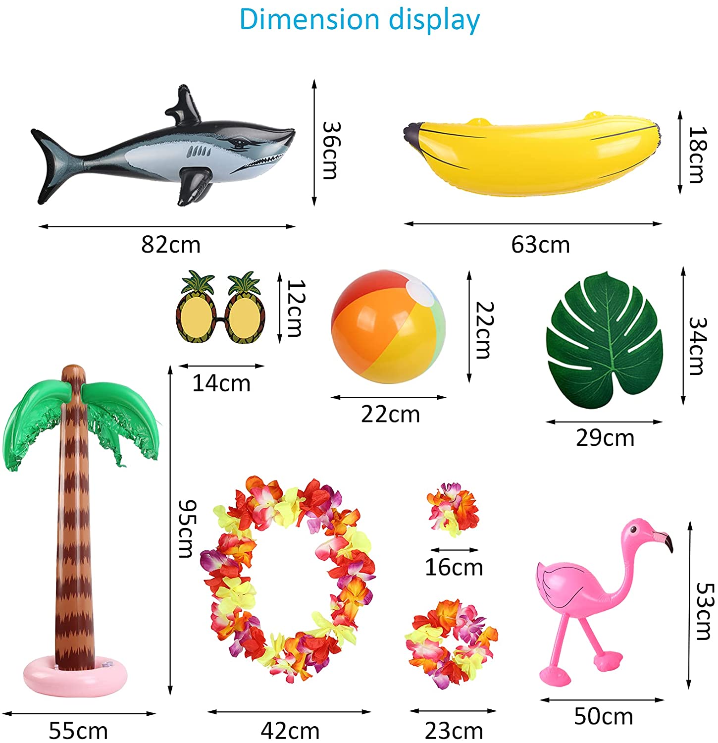 AirSmall 14pcs Inflatable Palm Tree Inflatable Flamingos Beach Ball Banana Shark Toys Palm Leaves Hawaii Garlands Pineapple Sunglasses for Beach Pool Tropical Hawaiian Luau Summer Party Décor Backdrop