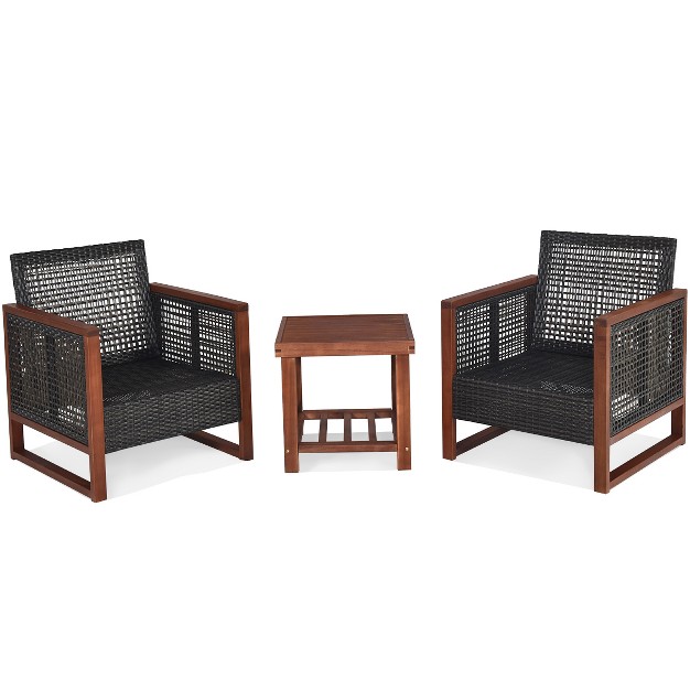 Tangkula 3pcs Patio Rattan Bistro Set Acacia Wood Frame Cushioned Sofa And Side Table