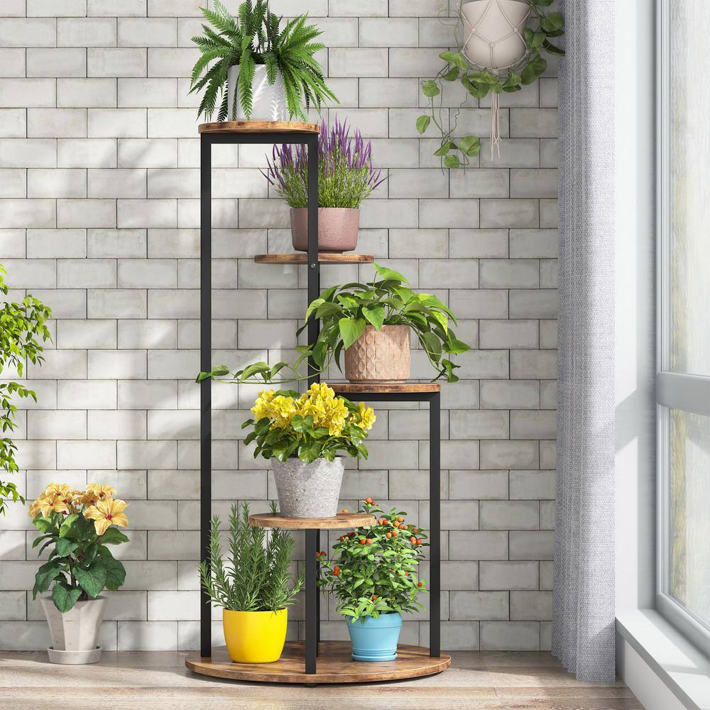 BYBLIGHT Wellston 40.94 in. H Rustic Brown Round Wood Corner Plant Stand Indoor 5 Tier Potted Ladder Holder Flower Rack BB-U0181-XMX