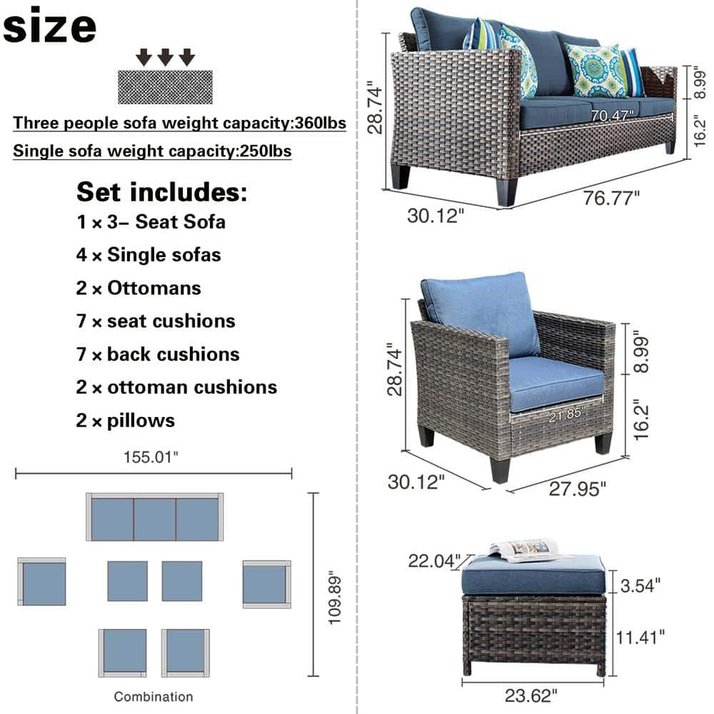 OVIOS New Vultros Gray 7-Piece Wicker Outdoor Patio Conversation Seating Set with Blue Cushions GRS3027