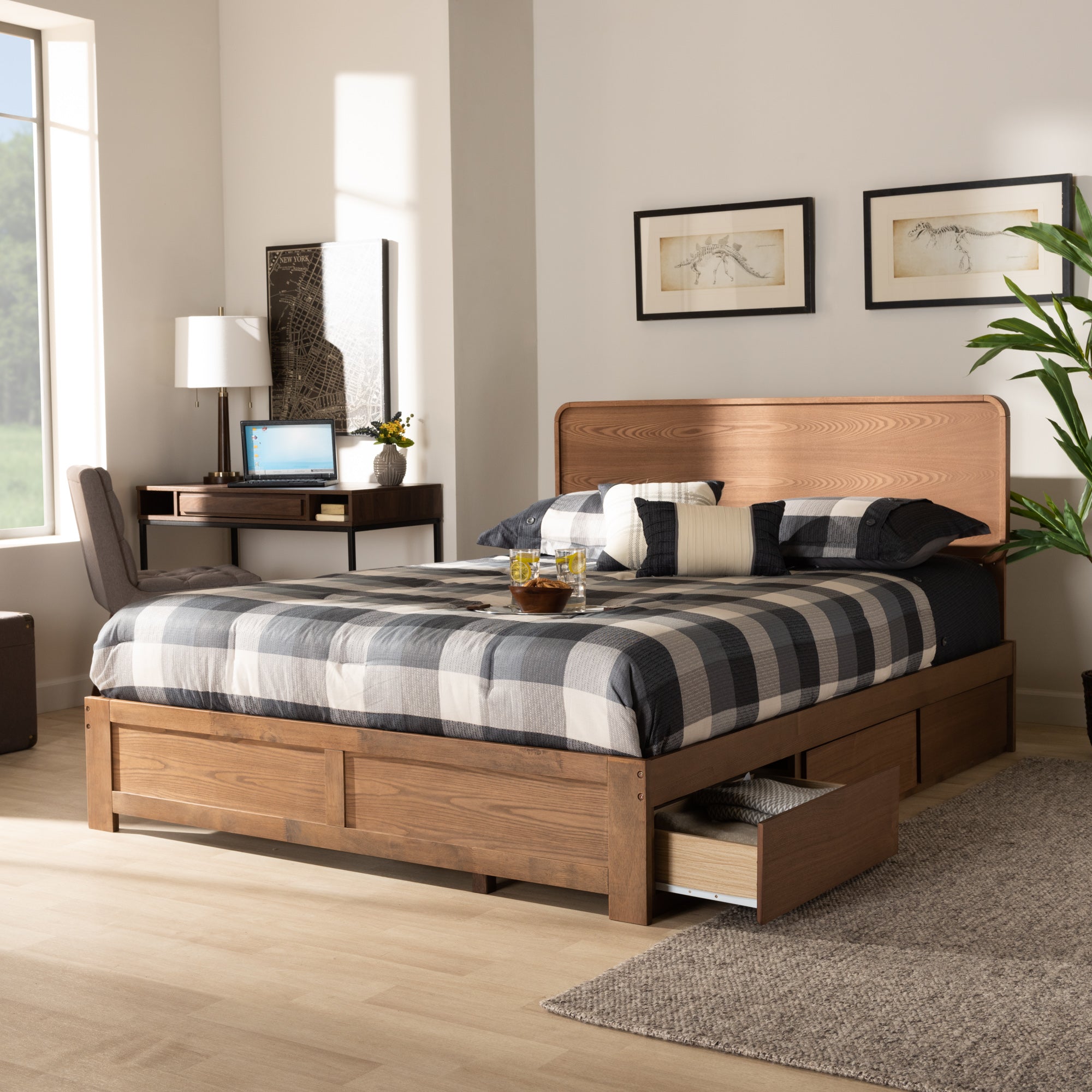 Baxton Studio Eleni Modern and Contemporary Transitional Ash Walnut Brown Finished Wood Full Size 3-Drawer Platform Storage Bed