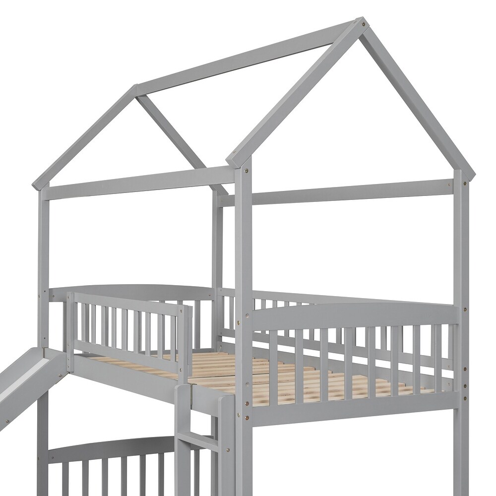 Twin Over Twin House Bunk Bed with Slide  Wood Floor Playhouse Bunk Bedframe with Roof   Ladder for Kids Teens  Girls Boys