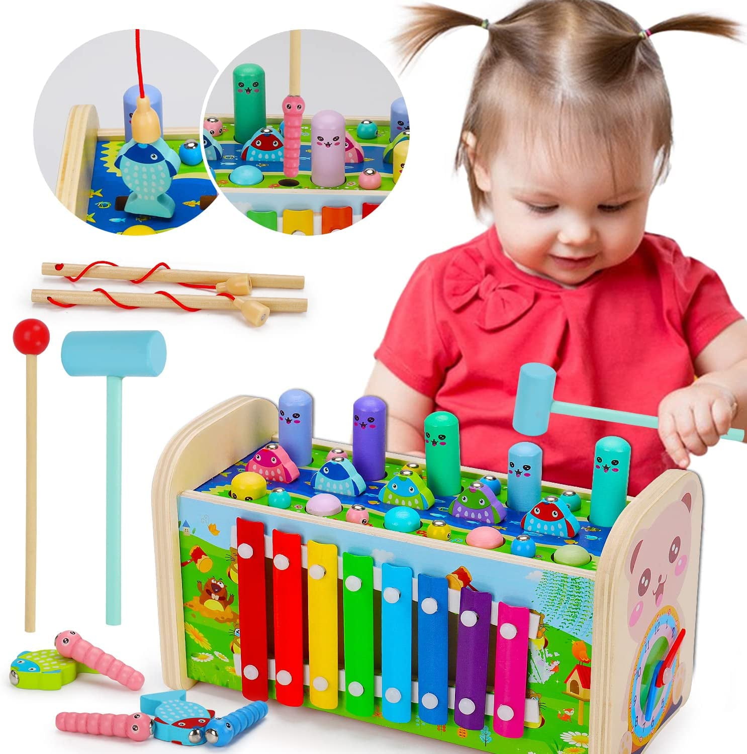 Baby Toys for 12-24 Months，  7 in 1 Wooden Hammering Pounding Toys， Montessori Early Development Toys