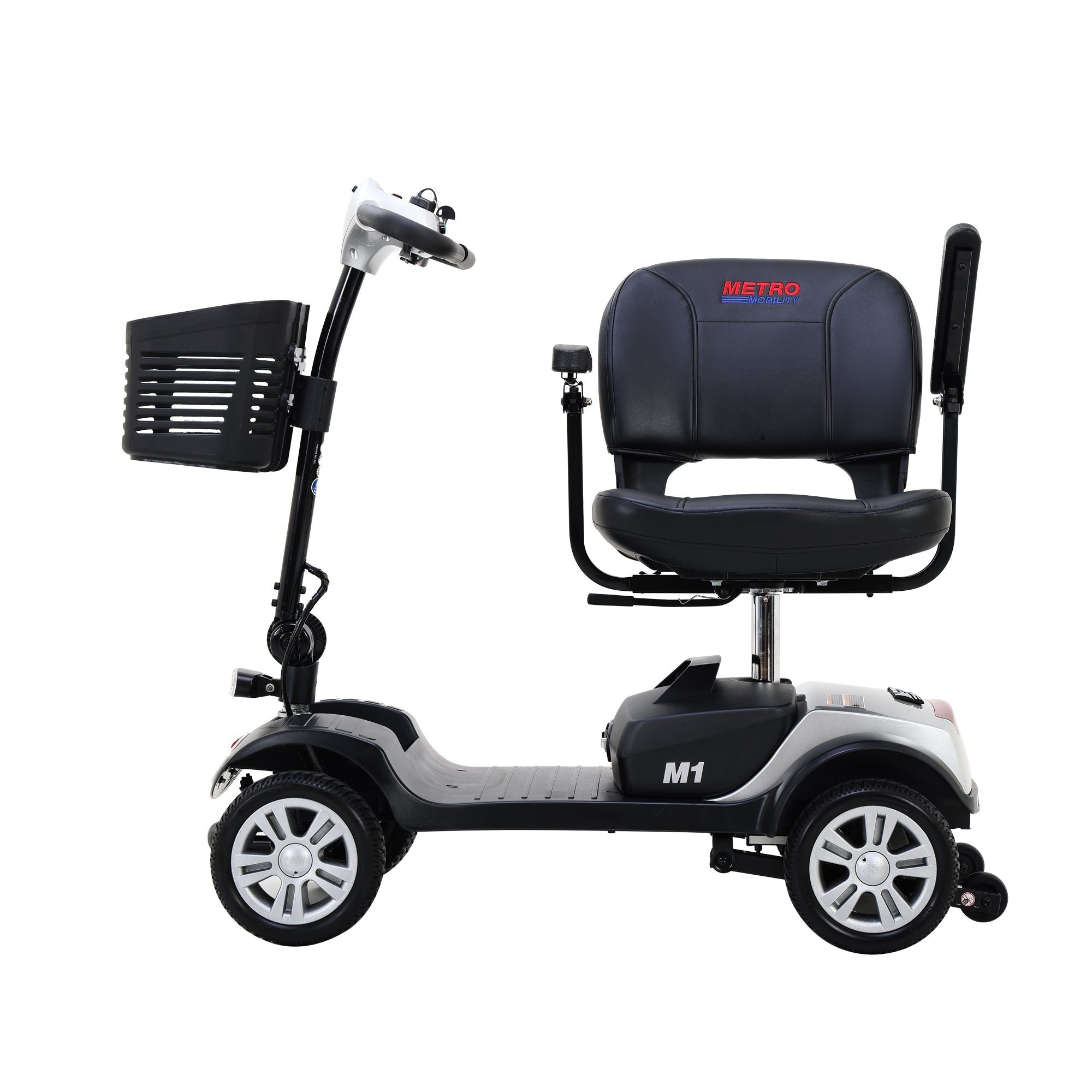 Compact Mobility Scooter, 4 Wheel Electric Powered Wheelchair Device - 300lbs Heavy Duty Mobile for Travel, Adults, Elderly - Power Extended Battery with Charger and Basket - Silver