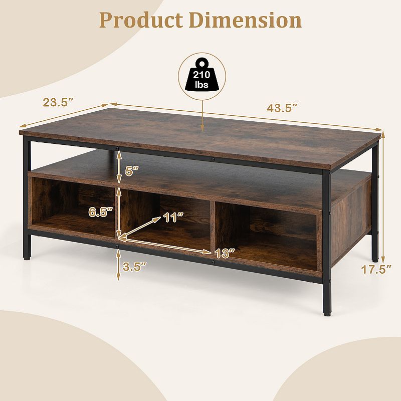 3-Tier Industrial Style Coffee Table with Storage and Heavy-duty Metal Frame-Coffee