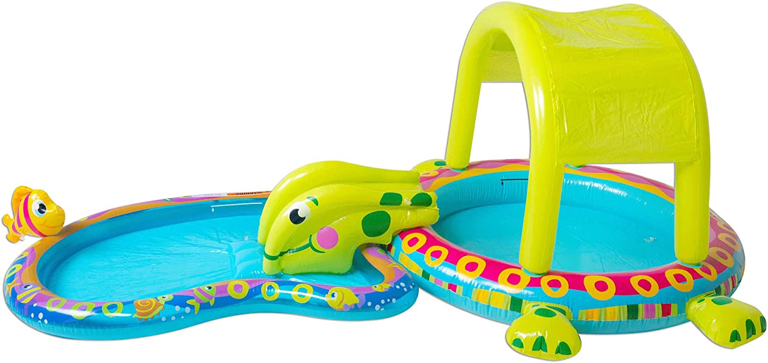 WUGUFD BAN-85319 Shade 'N Slide Turtle Heavy Duty Outdoor Toy Inflatable Kiddie Splash Pool Set with Sprinkler for Children and Kid Backyard Water Fun