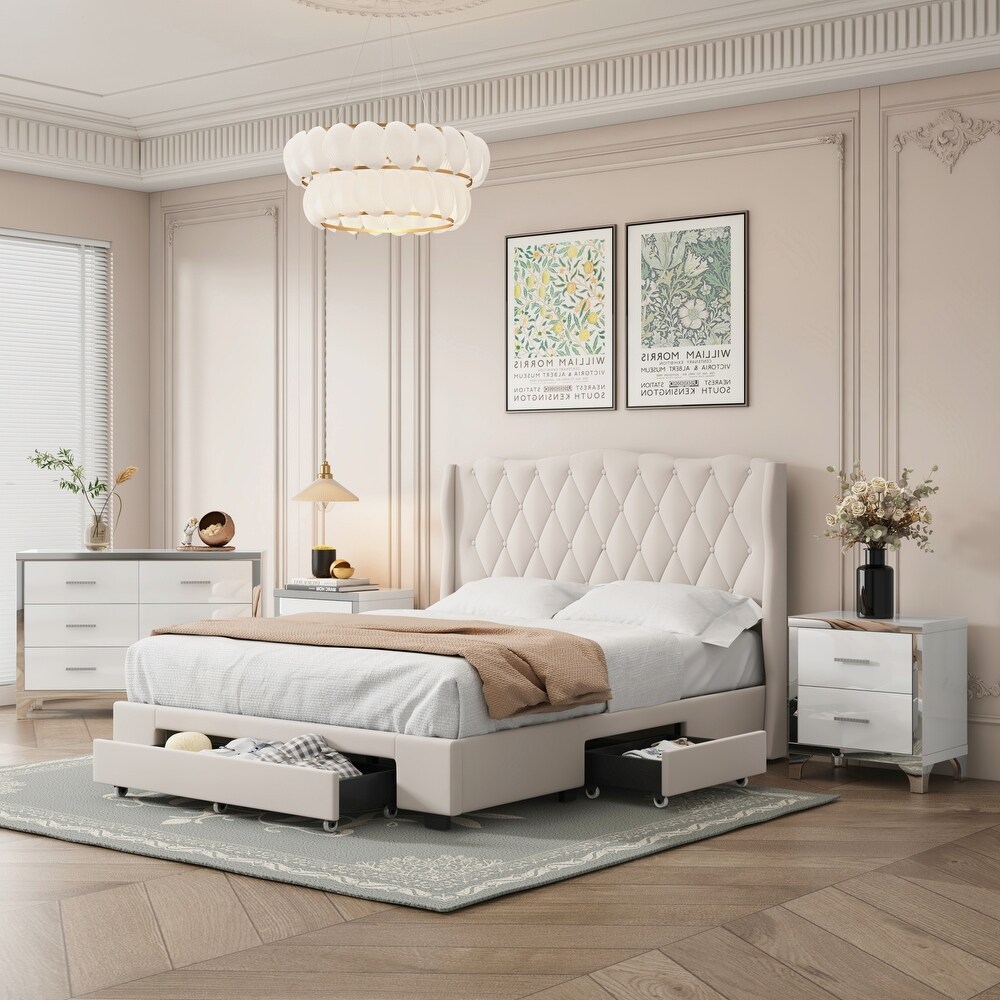 4 Piece Bedroom Set with Upholstered Bed  Mirrored Nightstands  and Dresser