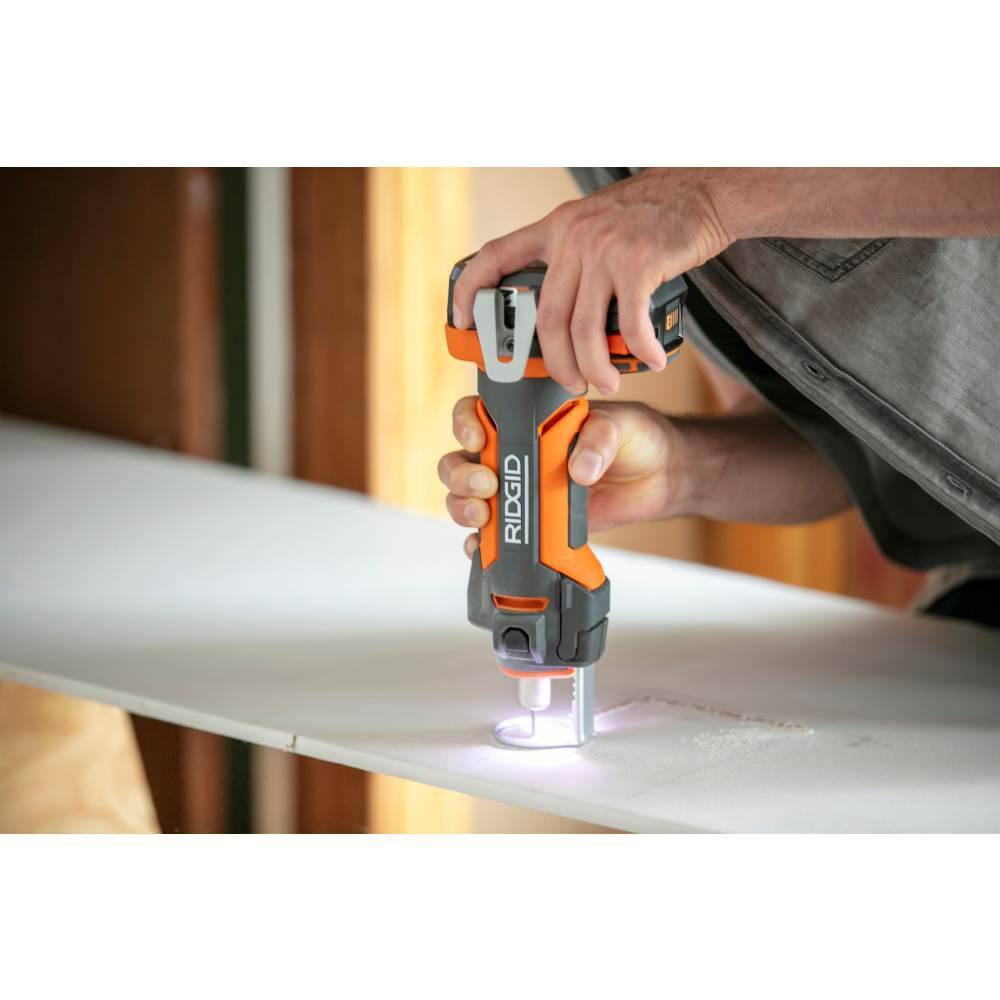 RIDGID 18V Cordless Drywall Cut-Out Tool Kit with Drywall Bits Collets Belt Hook 18V Lithium-Ion 2.0 Ah Battery and Charger R84730B-AC9302