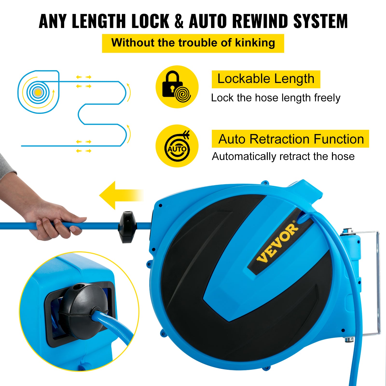 VEVOR Retractable Hose Reel， 1/2 inch x 100 ft， Any Length Lock and Automatic Rewind Water Hose， Wall Mounted Garden Hose Reel With 180° Swivel Bracket and 8 Pattern Hose Nozzle， Blue