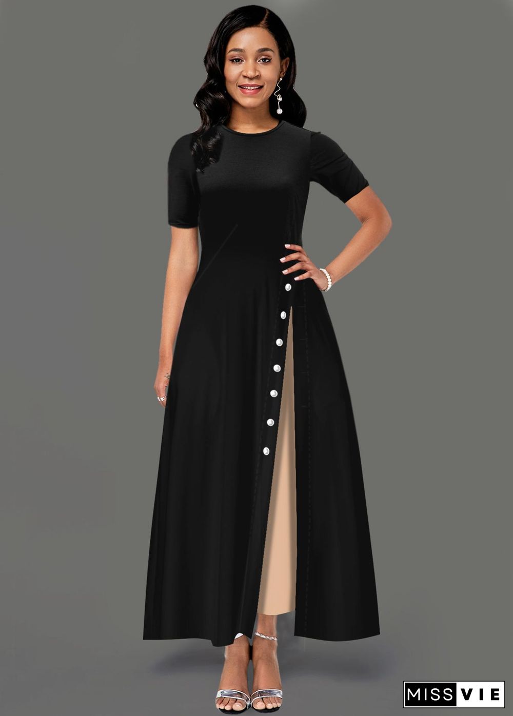 Inclined Button Side Pocket Contrast Maxi Dress