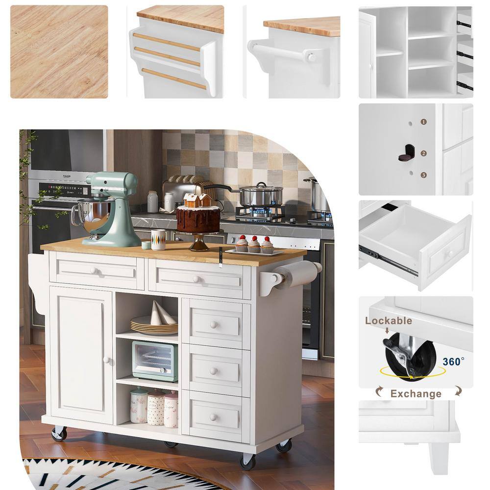 Tatahance White Rolling Mobile Kitchen Island with Spice Rack Towel Rack and Drawer and Rubber Wood Desktop WF297003AAW-Z