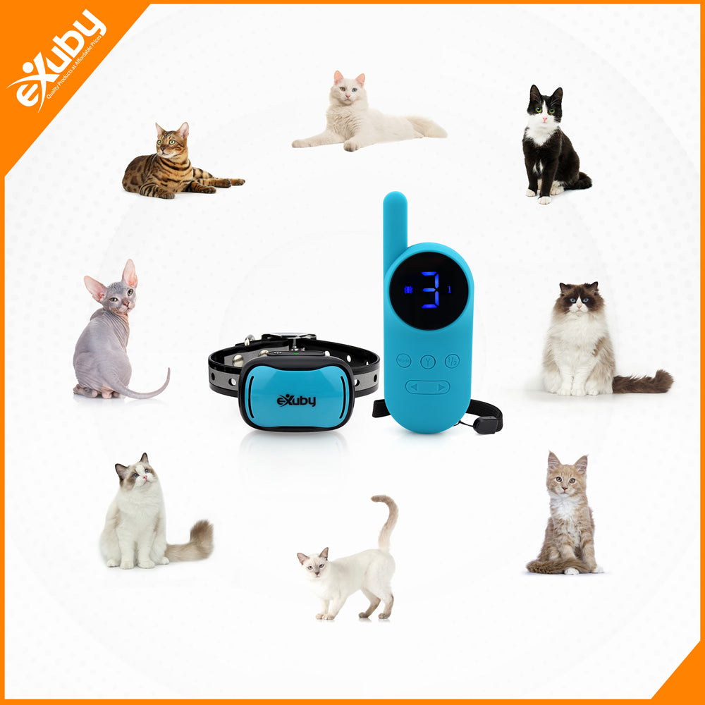 Exuby Small Cat Shock Collar with Remote， Designed for Training Cats， Prevents Unwanted Meowing， Scratching and Roaming， Sound， Vibration and Shock Modes， 9 Intensity Levels – Waterproof