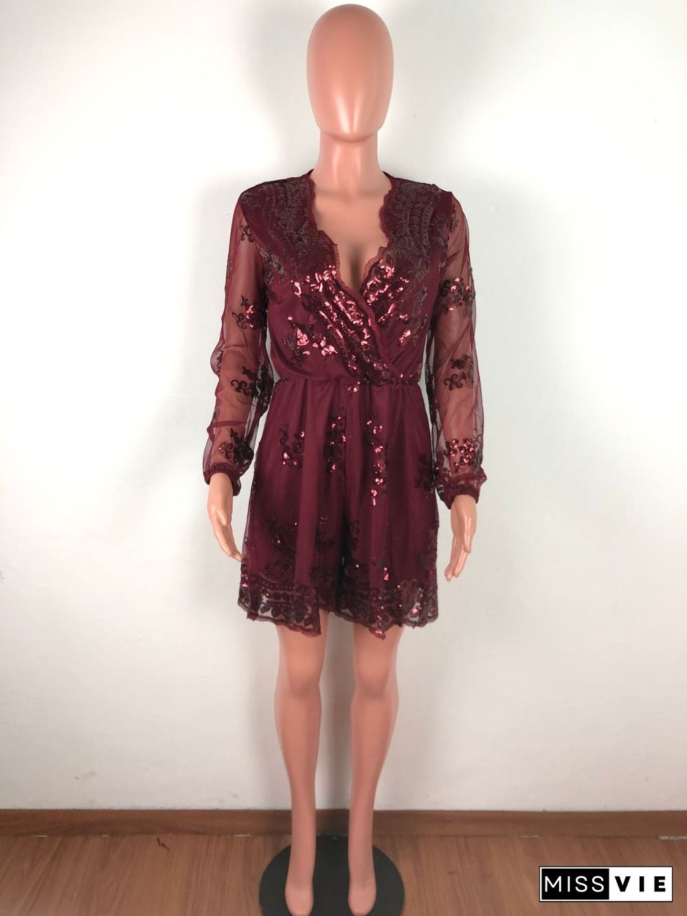 Sexy Deep V Sequin Full Sleeves Rompers