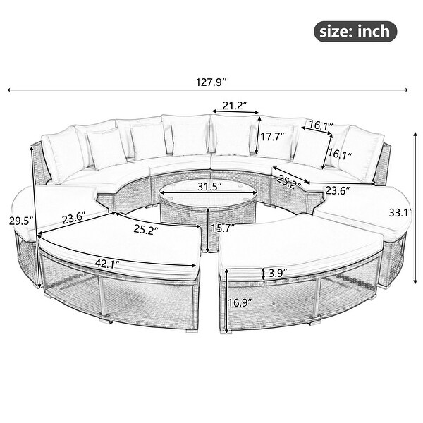 Circular Sectional Spacious Rattan Wicker Patio Furniture Set with Tempered Glass Coffee Table and 6 Pillows