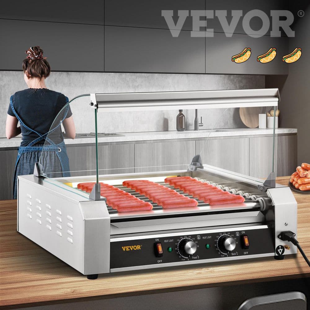 VEVOR Hot Dog Roller 30 Hot Dog Capacity 11 Rollers 1800W Stainless Steel Cook Warmer Machine with Cover Indoor Grills, Silver GYGRGJMC1123XBWL9V1