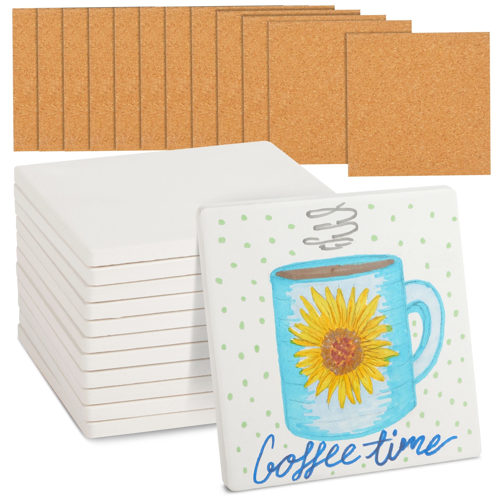 4 Inch Square Ceramic Tiles for Crafts with Cork Backing Pads， 12 Pack of Unglazed White DIY Coasters for Painting