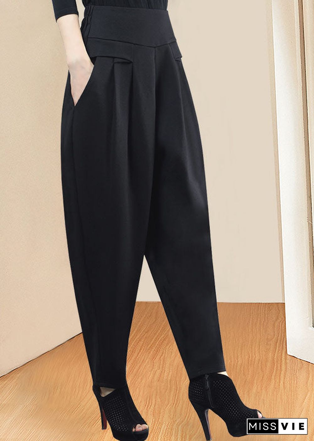 Style Black High Waist Pockets Thick Casual Winter Pants