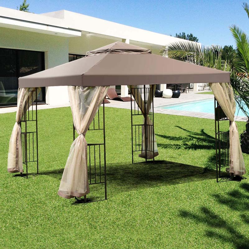 10 x 10 FT Metal Patio Gazebo with Netting, Screw-free Structure Outdoor Canopy Gazebo Tent