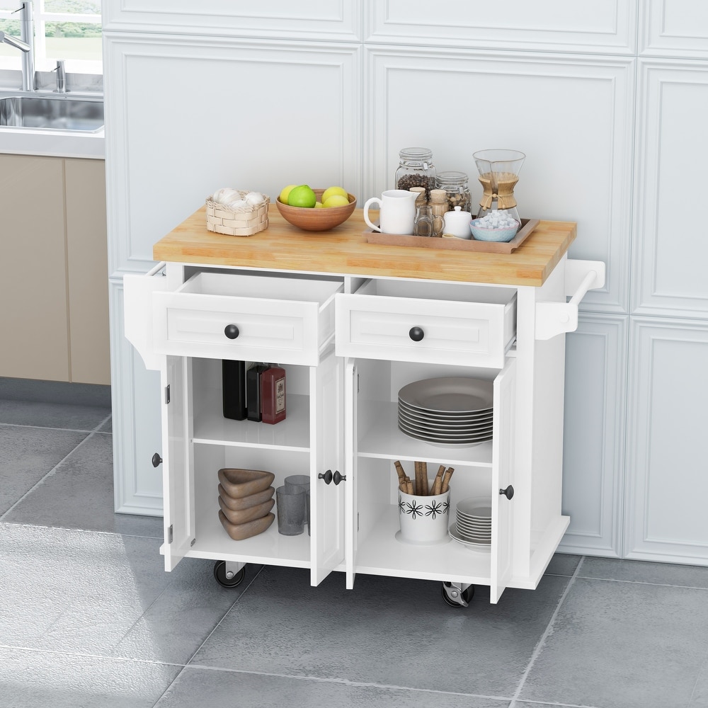 Kitchen Island Cart with Storage Cabinets and Locking Wheels  Wood 4 Door Cabinet and Two Drawers  Spice Rack Towel Rack