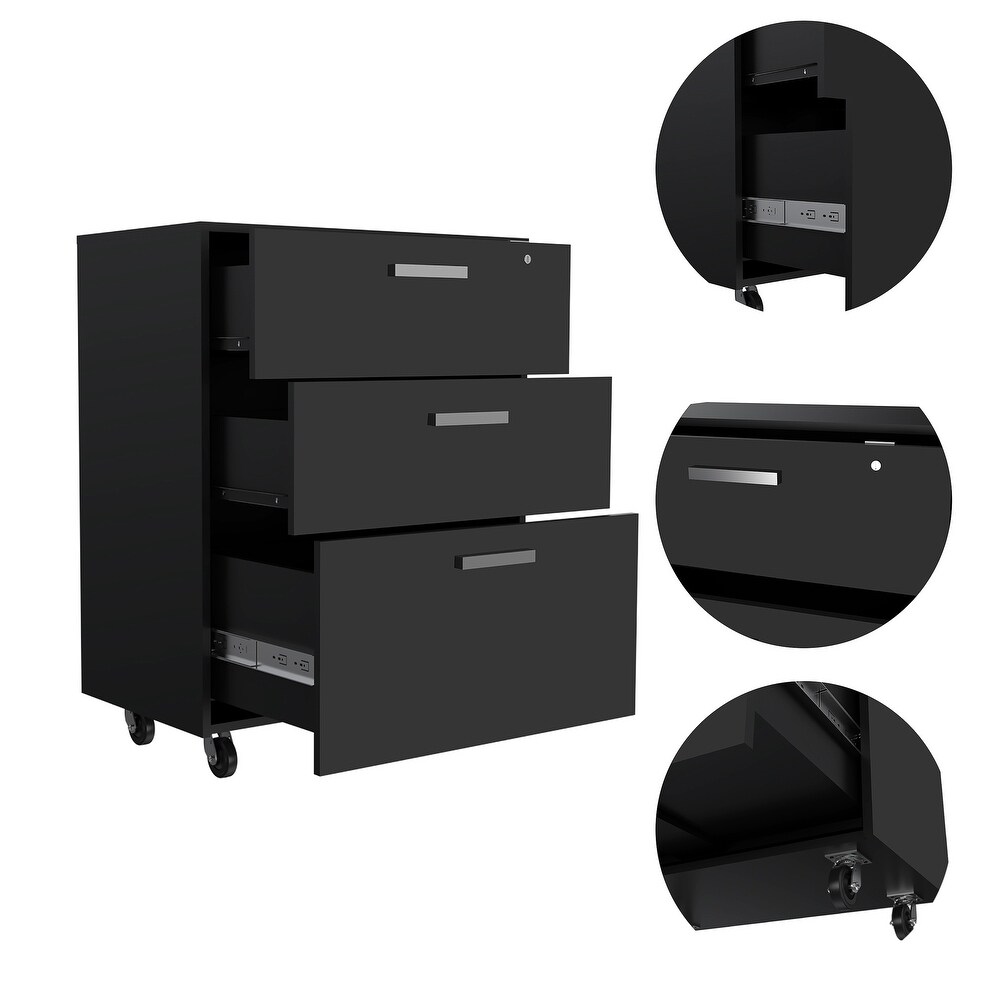 Storage Cabinet   Superior Top  Drawer Base Cabinet  Three Drawers  Four Casters  Black