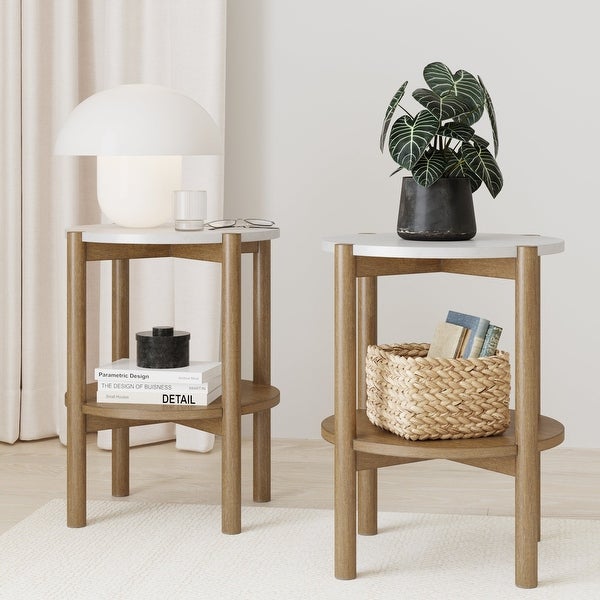 Nathan James Tucker Round Accent Small Side Table， Wood Sofa End Table with Marble Top for Living Room or Bedroom