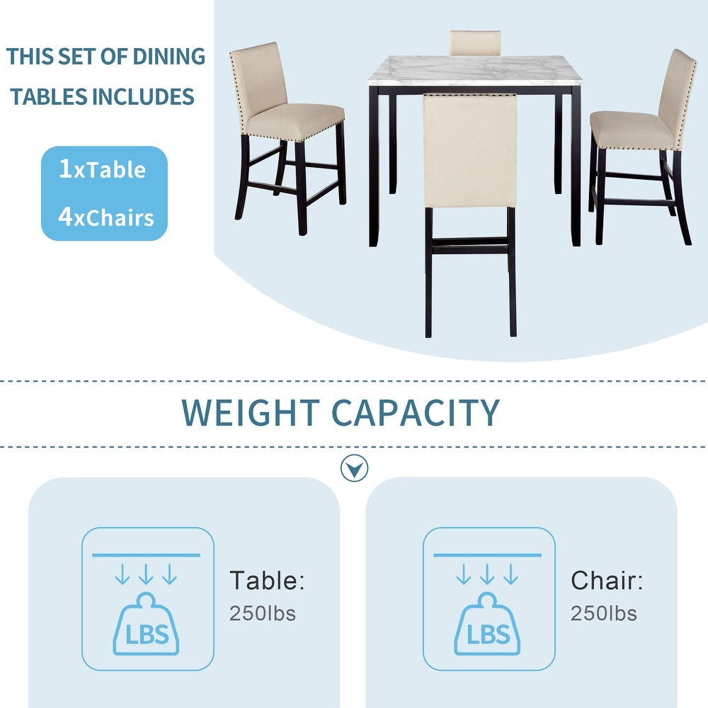 Luxury 5 Piece Counter Height Dining Table Set with Marble Dining Table and Upholstered Dining Chairs  for Living Room  Beige