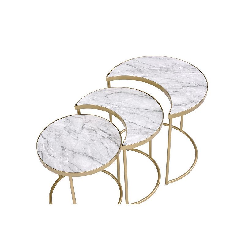 Metal Nesting Coffee Table with Faux Marble Top， Set of 3， Gold and White