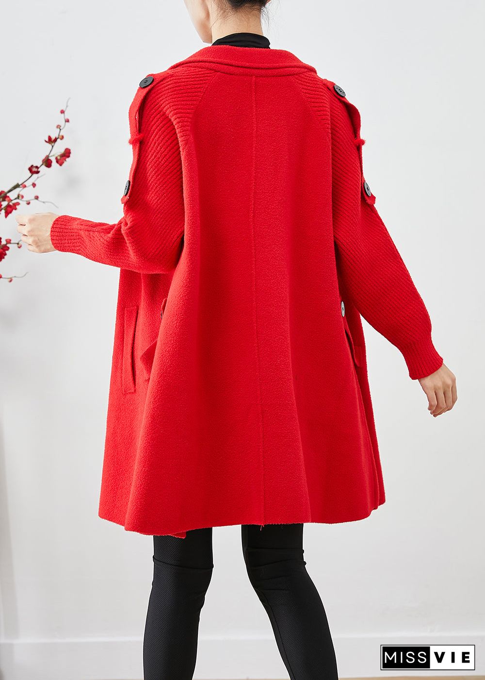 Women Red Oversized Knit Patchwork Woolen Coat Fall