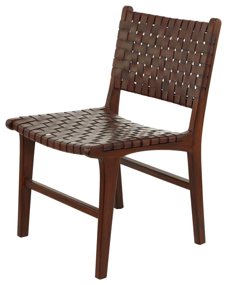 Set of 2 Leather and Teak Contemporary Dining Chair 64777   Transitional   Dining Chairs   by Brimfield  ampMay  Houzz