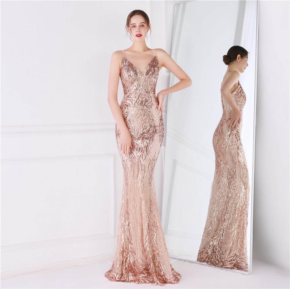 Wings Pattern Sequin Mesh Strappy Gown