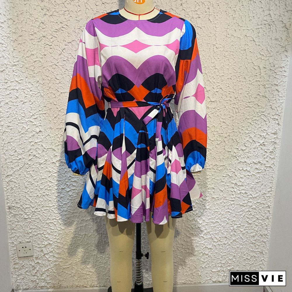 Multicolor Geometric Print Lantern Sleeves Mini Dress