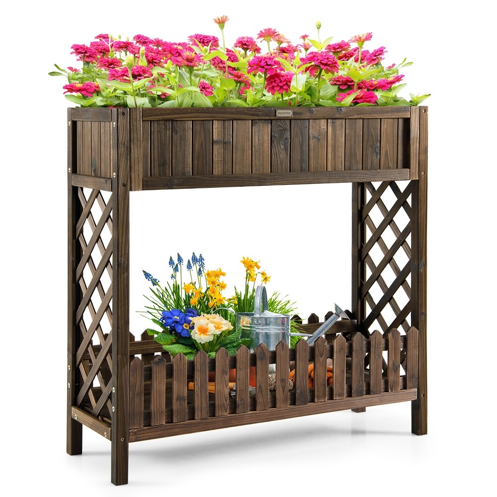 Costway 2 Tier Wood Raised Garden Bed Elevated Planter Box for   35.5''x 12''x 35.5''